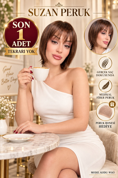 Suzan Peruk Kısa Medikal Peruk Tepe Kısmı Baş derisi cilt görünümlü gerçek saç dokusunda+ Peruk Bonesi Hediye
