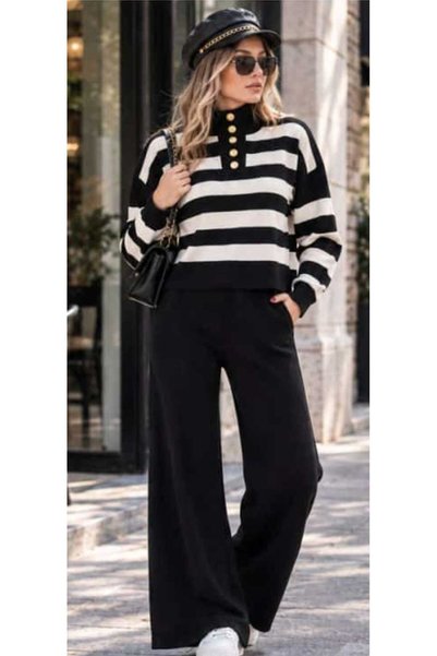 MODA Black Thick Striped Gold Buttoned Turtleneck Bottom Solid Color Wide Leg...