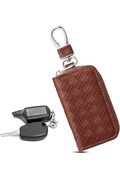 GENERAL Brown Woven Leather Car Key Case,Anti Scratch Car Key Protectors,Leat...