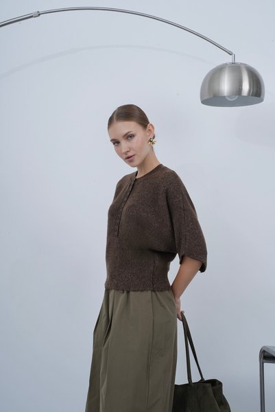 ZS Zey Studio Women's Brown Button Detailed Short Sleeve Sweater