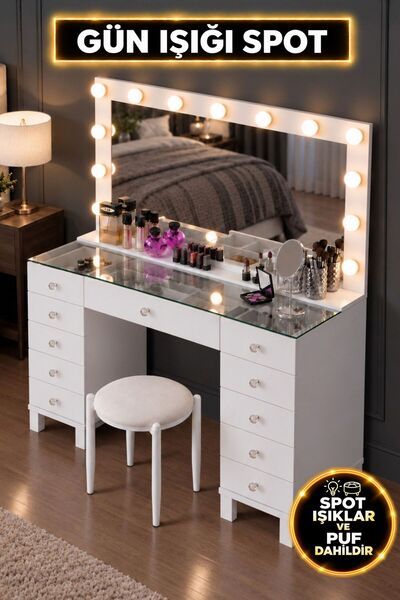 Rani Mobilya Rani BJ260 Hollywood Işıklı Aynalı Kulis Makyaj Masası Cam Tabla...