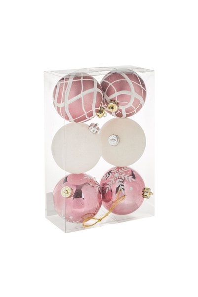 OEM Set de 6 Globuri pentru Brad de Crăciun Rose Gold cu Fulgi Albi Dungi Gli...