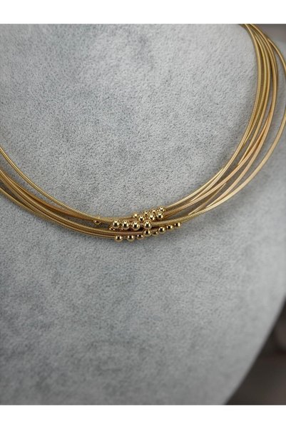 ZS Aksesuar Multi-Row Snake Chain Necklace with Bead Detail, Magnetic Modern Design, Stylish Women's Necklace