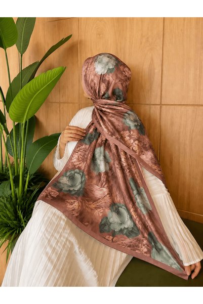 Hepsi Moda Modal Silk Rose Pattern Shawl - Brown