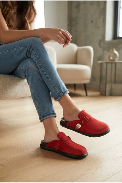Suuet Meyro Women's Slippers with Tape Buckle Suede