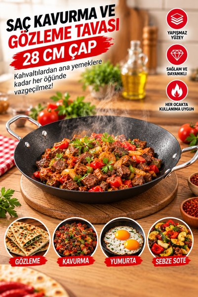 Decorness Saç Kavurma ve Gözleme Tavası – Yapışmaz Yüzeyli Çift Kulplu Kavurm...
