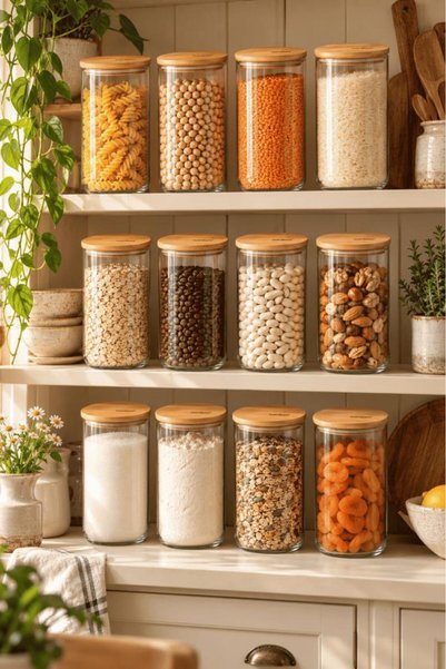 Atbyhome Bambum Duo 12'li Bambu Kapaklı Cam Erzak Kavanozu Seti 1300 ml - Vakumlu Kiler Bakliyat Ve Baharat Saklama Kabı