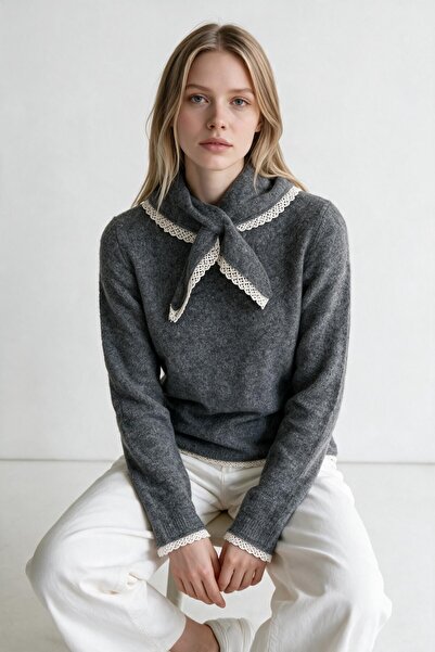 Bisou Scarf Collar Women's Long Sleeve Knitwear Sweater