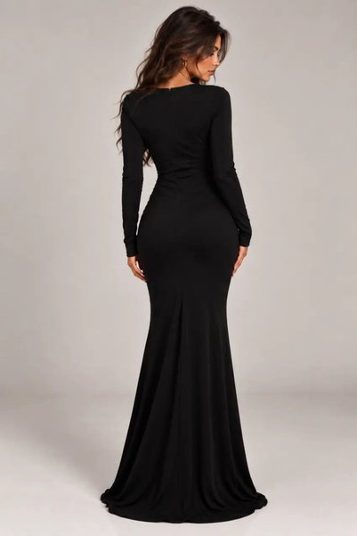 Cool & Sexy Kadın Siyah Modal Kumaş Gold Aksesuarlı Bel Dekolteli Uzun Kollu Maxi Abiye Elbise