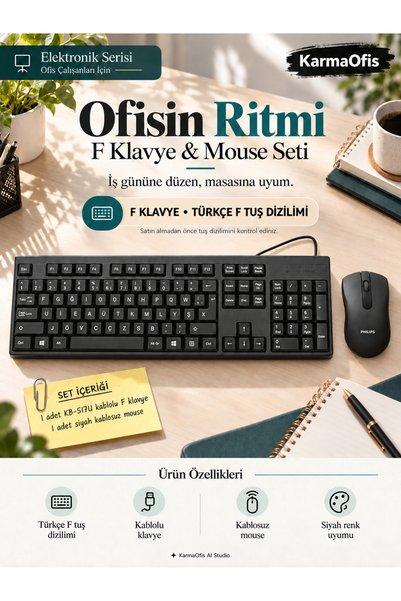 Everest Siyah 517U Türkçe F Kablolu Klavye ve Siyah Kablosuz Mouse Seti – Ofis Tipi Klavye Mouse Set