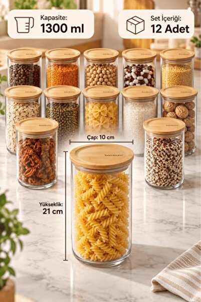 Atbyhome Bambum Duo 12'li Bambu Kapaklı Cam Erzak Kavanozu Seti 1300 ml - Vakumlu Kiler Bakliyat Ve Baharat Saklama Kabı