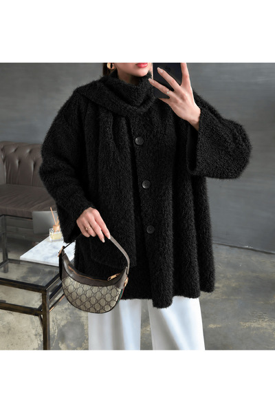 Hepsi Moda Buttoned Scarf-Trimmed Feather Jacket - 4542 - Black