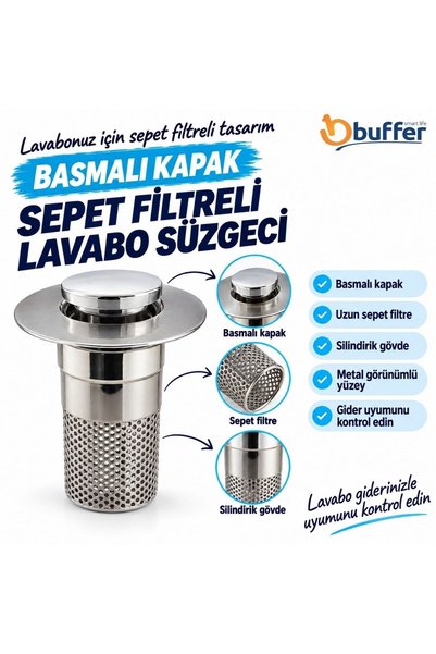Buffer Sepet Filtreli Basmalı Lavabo Gider Süzgeci, Uzun Silindirik Filtreli Lavabo Tıpası, Saç ve K