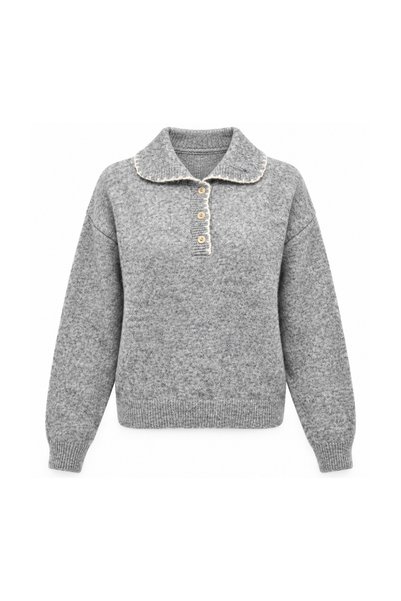 Yefrastore Kadın Gri Nakış ve Düğme Detaylı Polo Yaka Yumuşak Dokulu Kazak