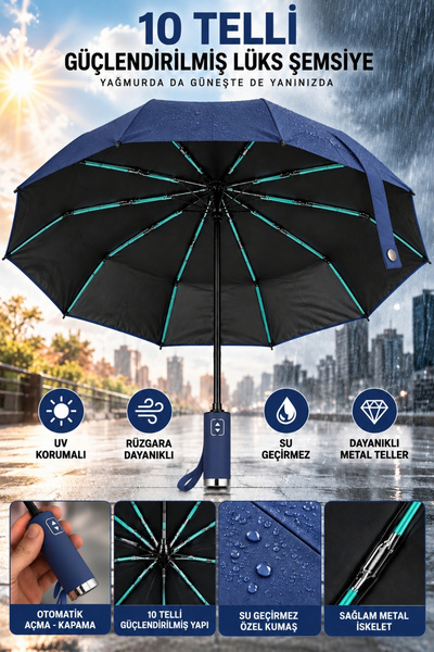 Penthouse Umbrelă automată întărită cu 10 șuvițe, rezistentă la UV, rezistent...