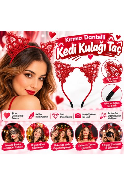 kumkumticaret Red Lace Cat Ear Crown – Party and Costume Accessory