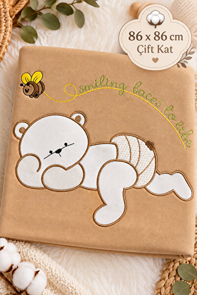 Babush Teddy Bear Embroidered Baby Blanket 86X86 cm Double Layer Combed Cotto...