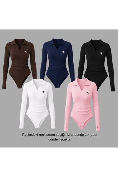 Gofeel Steed Polo Collar Embroidered Drawstring Detailed Bodysuit with Finger...