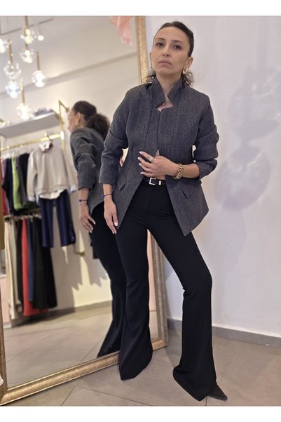 Butik Kadın, Dik Hakim Yaka, Agraf Kapama, Dikiş Detaylı, Bele Oturan, Astarl...