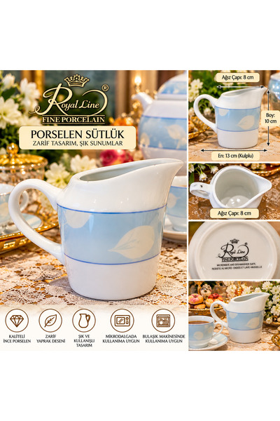 Atak Hediyelik Royal Line Fine Porcelain Porselen Sütlük Mavi Yaprak Desenli İnce Porselen 10 cm