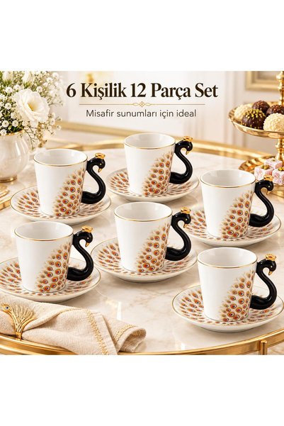 valkyrie Peacock Serisi 6 Kişilik 12 Parça Tavus KuşuPorselen Türk Kahvesi Fi...