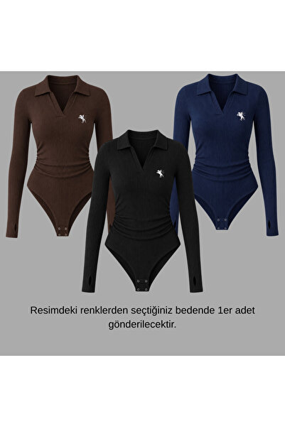 Gofeel Steed Polo Collar Embroidered Drawstring Detailed Bodysuit with Finger...
