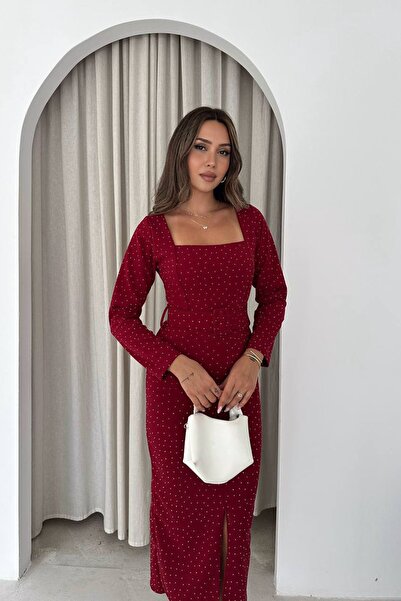 Neşeli Butik Women's Red Square Neck Stone Detailed Belted Front Slit Pencil Dress Nbk5004