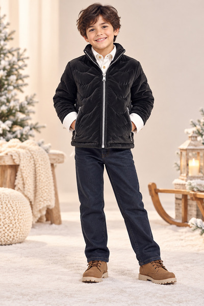tinytrends Erkek Çocuk Şişme Mont Gömlek Pantolon 3'lü Kışlık Takım