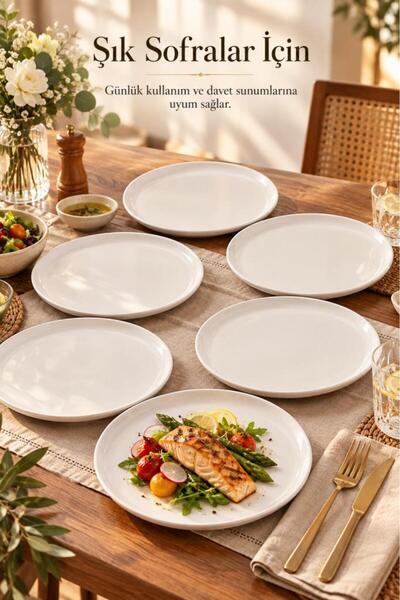 Atbyhome Duru 12'li Beyaz Porselen Servis Tabağı Seti 26 cm - Düz Kenar Büyük Boy Ana Yemek Ve Sunum Tabağı Takımı