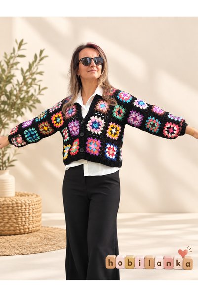 hobilanka Cardigan cu motiv pătrat tricotat manual pentru femei - Cardigan tr...
