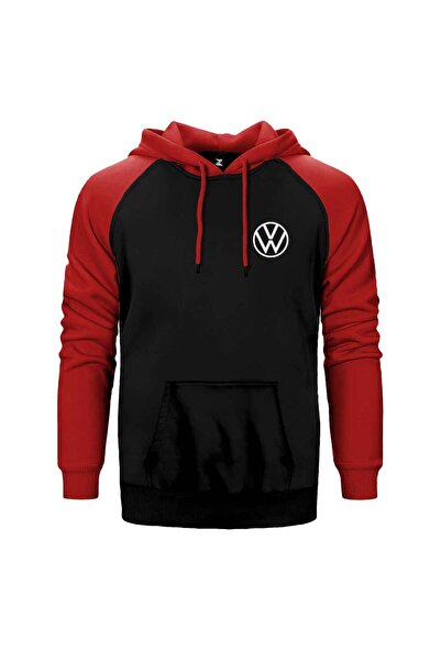 CrowsGate Volkswagen New Logo Red Double Color Raglan Sleeve Hooded Sweatshirt