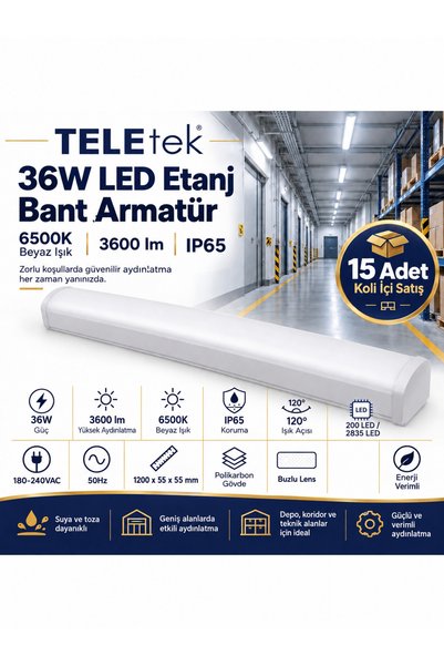 Teletek 36W 6500K Beyaz Işık 3600LM LED Etanj Beyaz Bant Armatür 120CM - 15 Adet