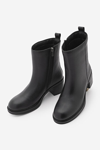 Marjin Women's Genuine Leather Round Toe Short Heeled Casual Boots Tameli Black