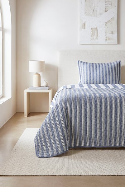 Ocean Home Textile Pamuklu Kapitoneli Lacivert Renk Çizgi Desen Tek Kişilik Y...