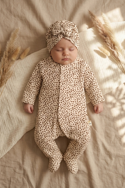 Babydonat Leopar Detaylı Boneli Kız Bebek Tulumu. Ayaklı % 100 Pamuklu 0-3 Ay