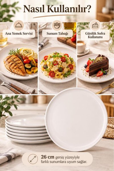 Atbyhome Duru 12'li Beyaz Porselen Servis Tabağı Seti 26 cm - Düz Kenar Büyük Boy Ana Yemek Ve Sunum Tabağı Takımı