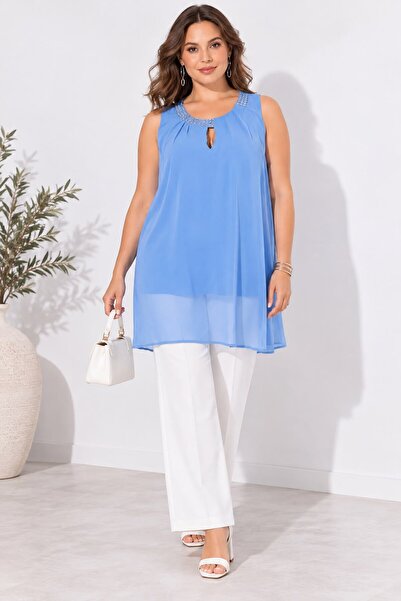 MAMAYAGA Women's Crew Neck Sleeveless Stone Detailed Lined Chiffon Summer Cur...