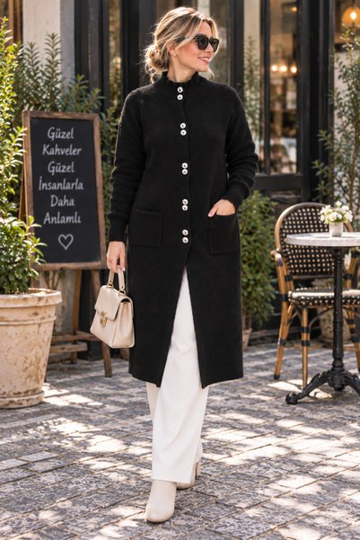 Elçelya Moda Women's Angora Long Stand Collar Flexible Buttoned Pocketed Soft...
