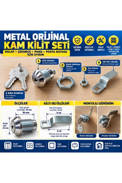akatsuki 30 mm Gövdeli Metal Dolap ve Çekmece Kilidi – 5 cm Mandallı, 2 Anaht...