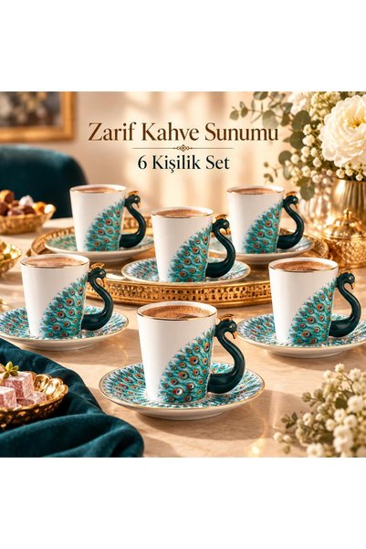 valkyrie Peacock Serisi 6 Kişilik 12 Parça Tavus KuşuPorselen Türk Kahvesi Fi...