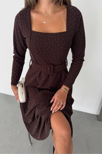 Neşeli Butik Women's Brown Stone Embroidered Square Neck Belted A-Line Midi Dress Nbk5005