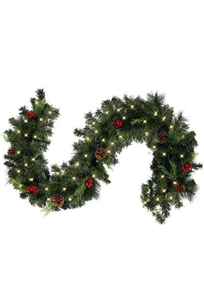 OEM Ghirlandă artificială de Crăciun 260930Q4BM6699, pre-iluminată cu LED-uri, cu conuri de brad și boabe roșii, verde, alimentată cu baterii