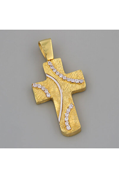 OEM Γυναικείο Χειροποίητο Σταυρός K14 με Χάραξη, από Λευκό Πλατίνα και Λευκά ...