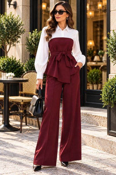Kokosh moda Timeless Elegance – Women's Shirt Collar Contrast Color Waist Bel...