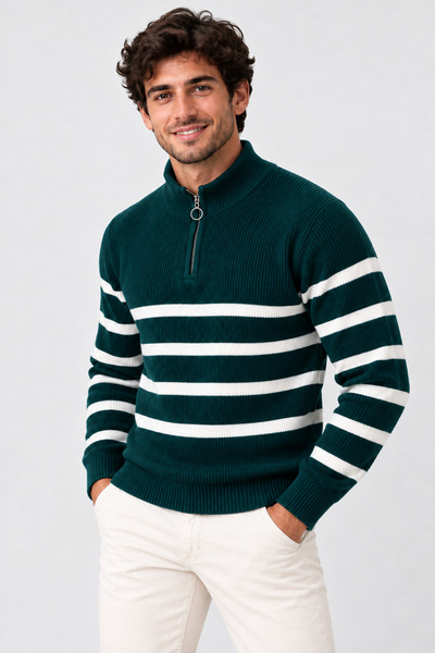 FAVORİST Men's (Striped) Regular Fit Half-Zip Knit Sweater Kpln
