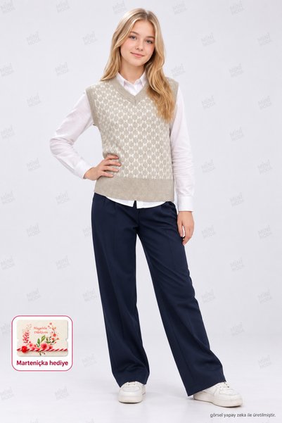 Minimoda Kids Girl's V-Neck Patterned Knit Sweater