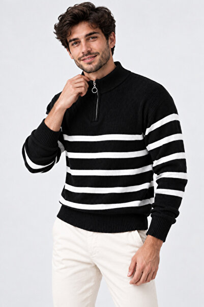 FAVORİST Men's (Striped) Regular Fit Half-Zip Knit Sweater Kpln