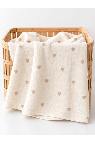 Kidaxi Jakar Woven Heart Muslin Blanket 100X105 100X105 Beige