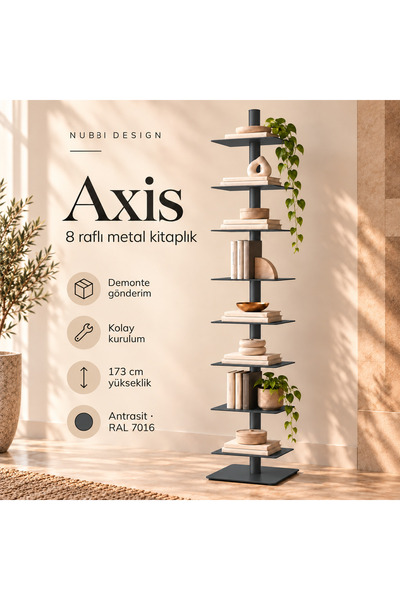 Axis 8 Raflı Metal Kitaplık Modern Tasarım Dikey Dekoratif Kitaplık