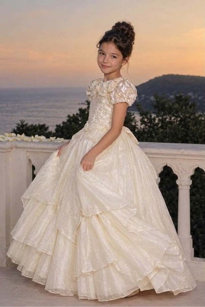 SÜSLÜ PİNK KİDS Girls' Evening Dress, Bubble Sleeves, Draped Bridal Gown